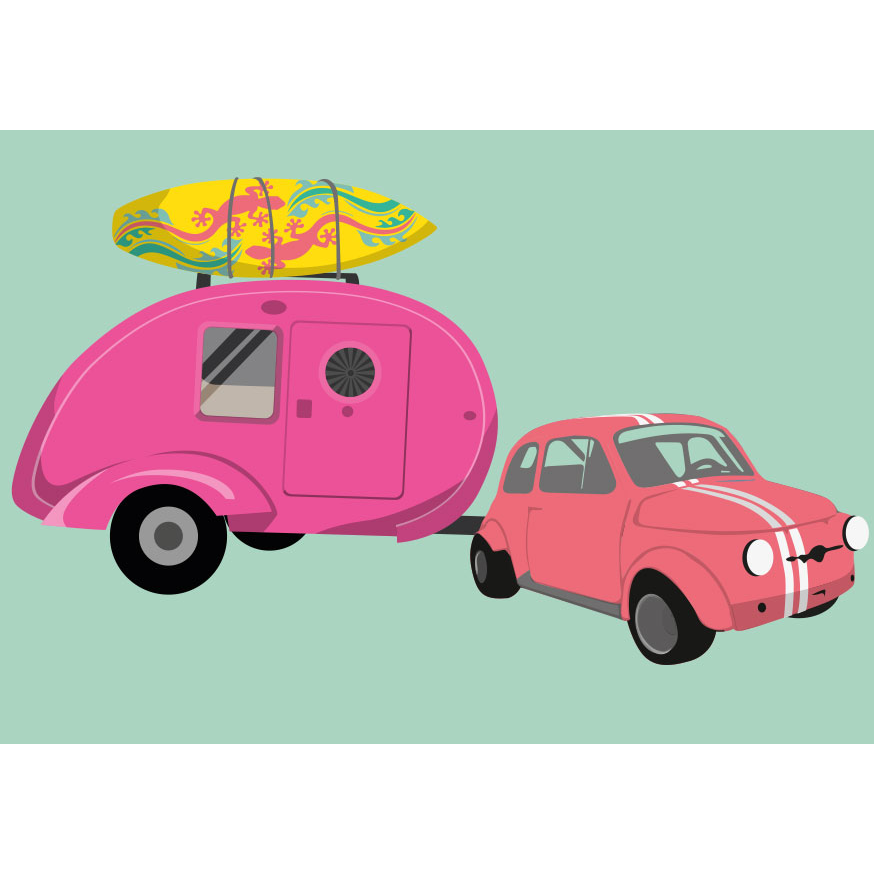 Carte postale Fiat avec caravane