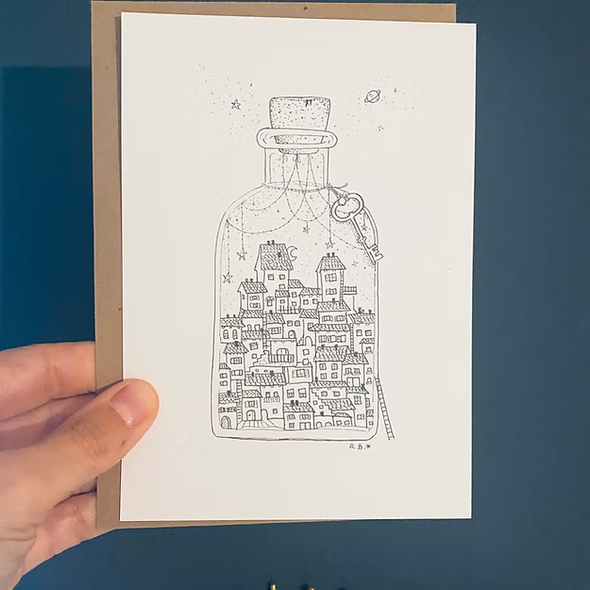 Carte de voeux - Village en bouteille