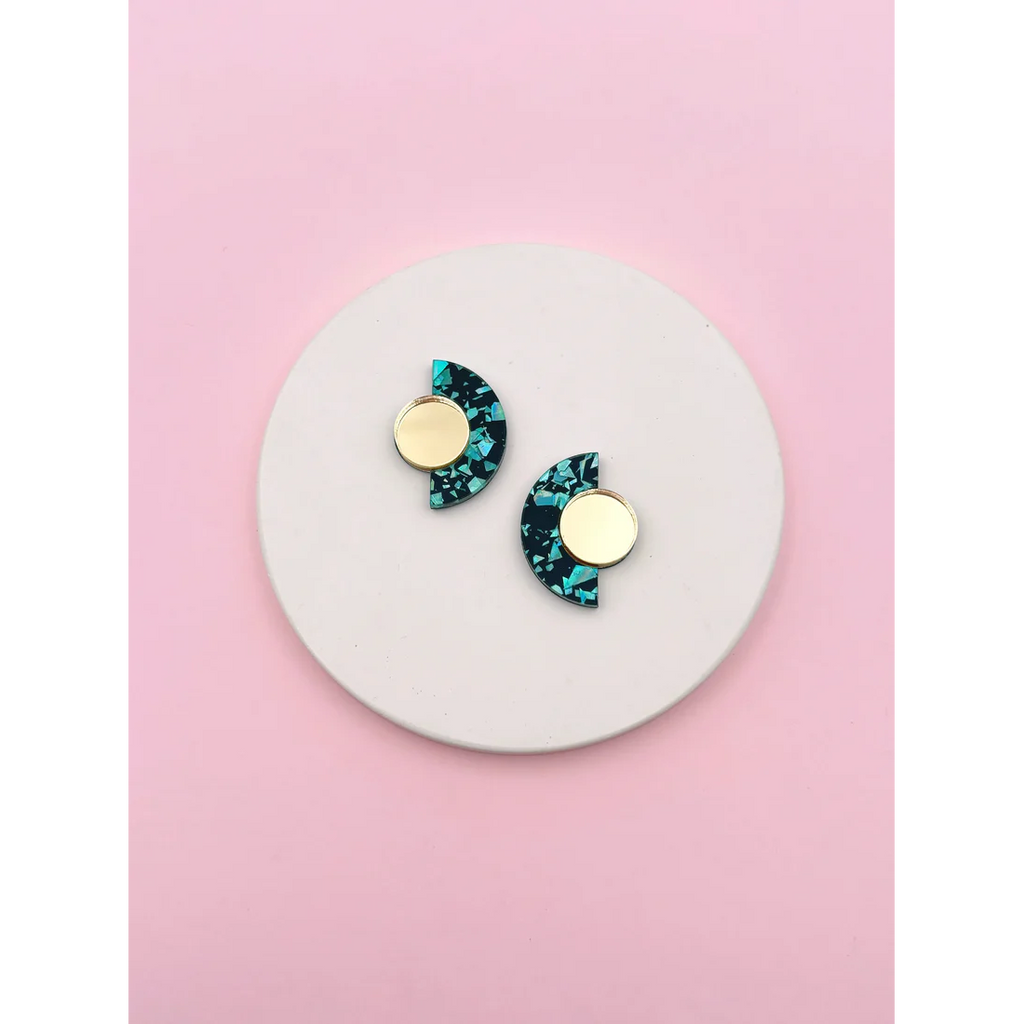 Boucles d'oreilles puces miroir Roseline - Turquoise / Or