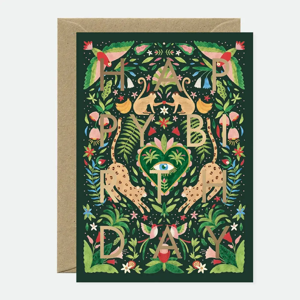 Carte Enveloppe Happy Birthday Jungle verte - Feuille d'or