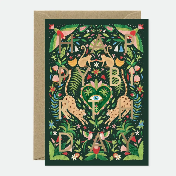 Carte Enveloppe Happy Birthday Jungle verte - Feuille d'or