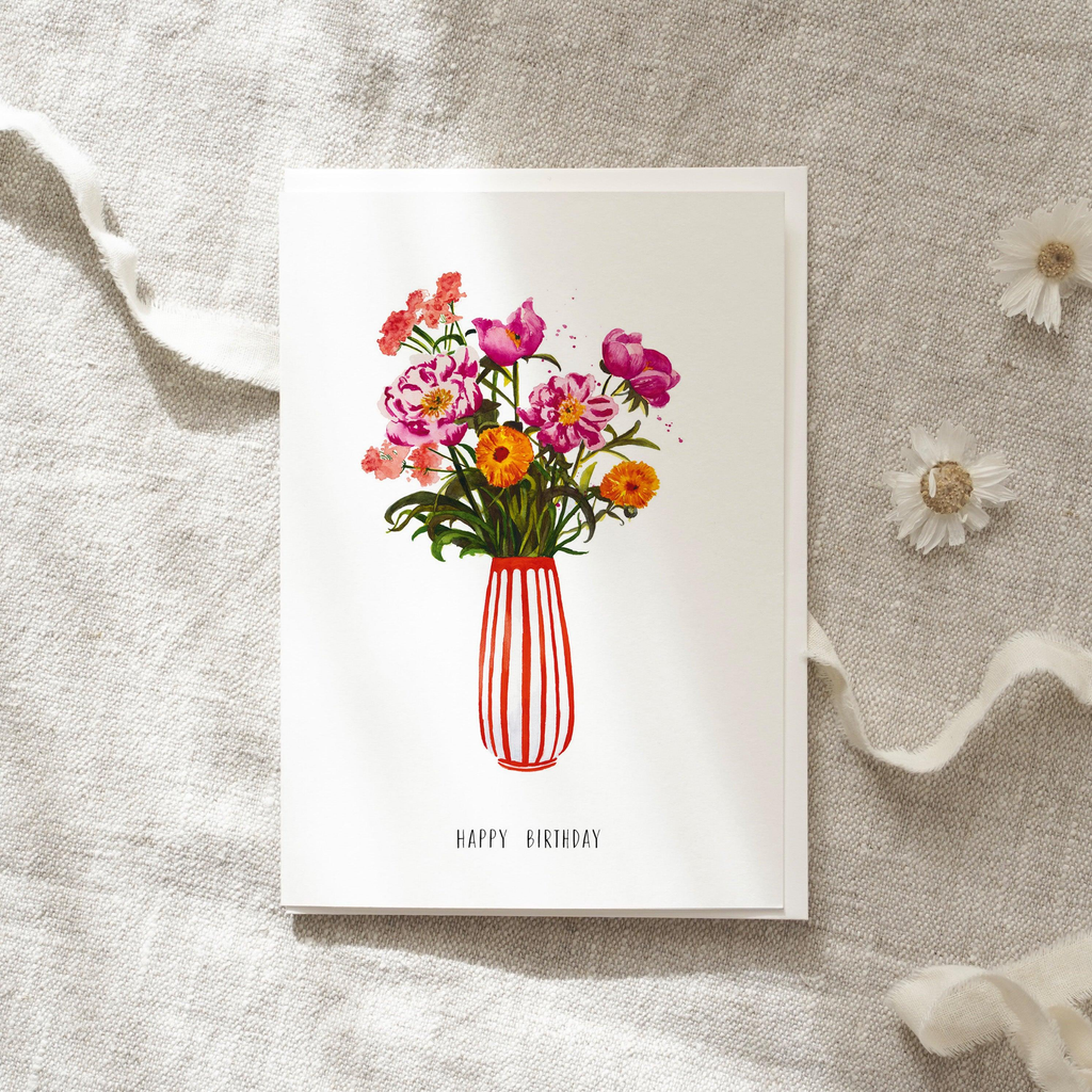 Carte de voeux Happy Birthday | Pivoines roses