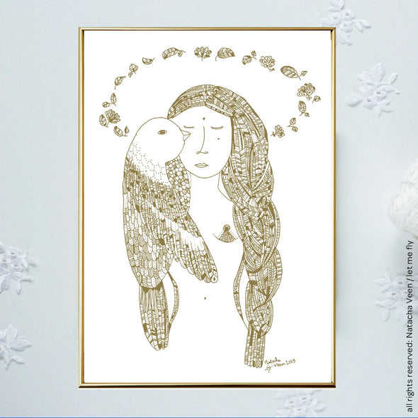 Tableau femme et oiseau cadre doré