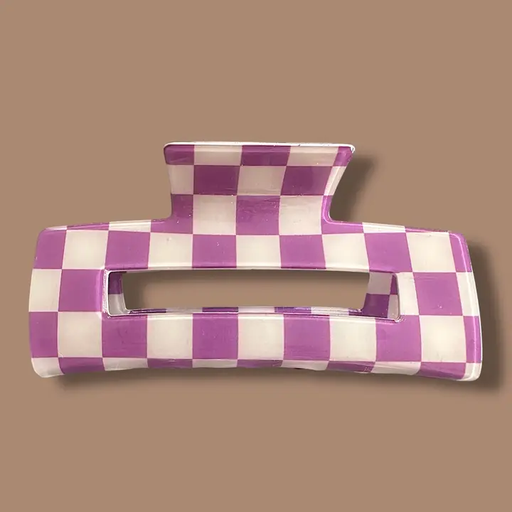Pince croco rectangulaire big Damier violet/écru