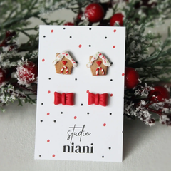 Duo clous d'oreilles Maison pain d'épice et Noeuds