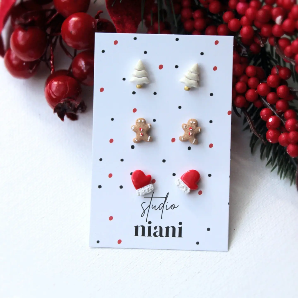 Trio de clous d'oreilles Sapin, Bonhomme, Moufles