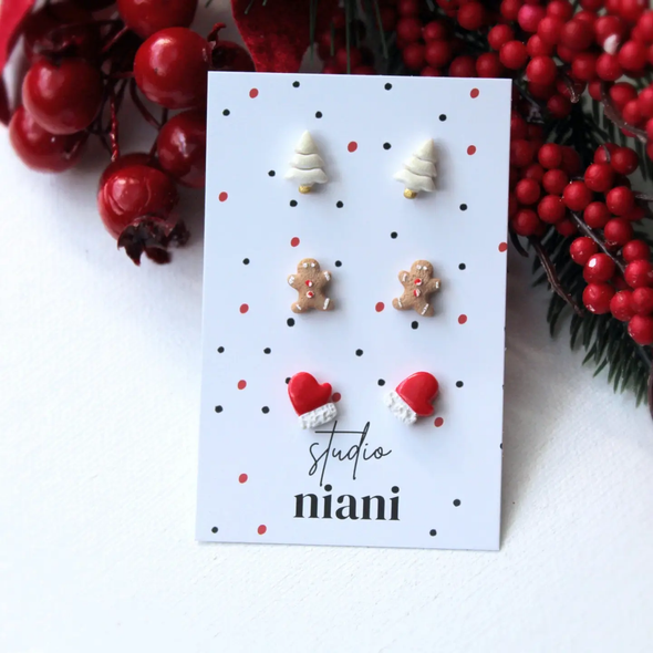 Trio de clous d'oreilles Sapin, Bonhomme, Moufles