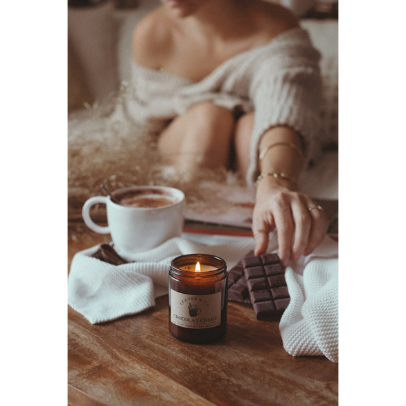 Bougie parfumée artisanale cire végétale pot ambré - Chocolat chaud