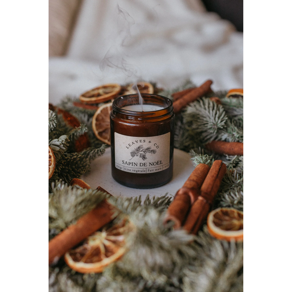 Bougie parfumée artisanale cire végétale pot ambré - Sapin de Noël