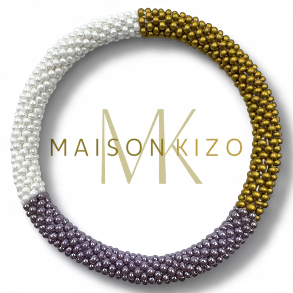 Bracelet népalais Blanc, parme, jaune moutarde