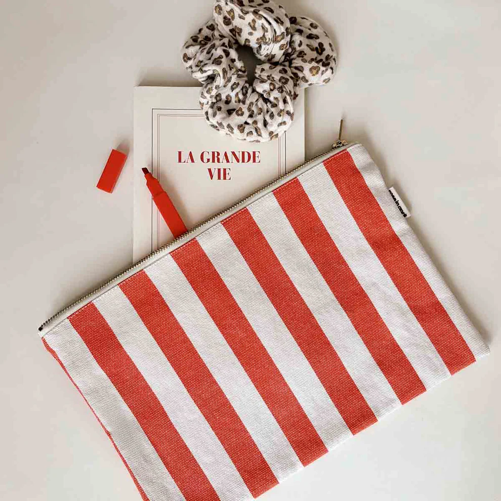 Pochette Lili - Rayures Greige / Tomato
