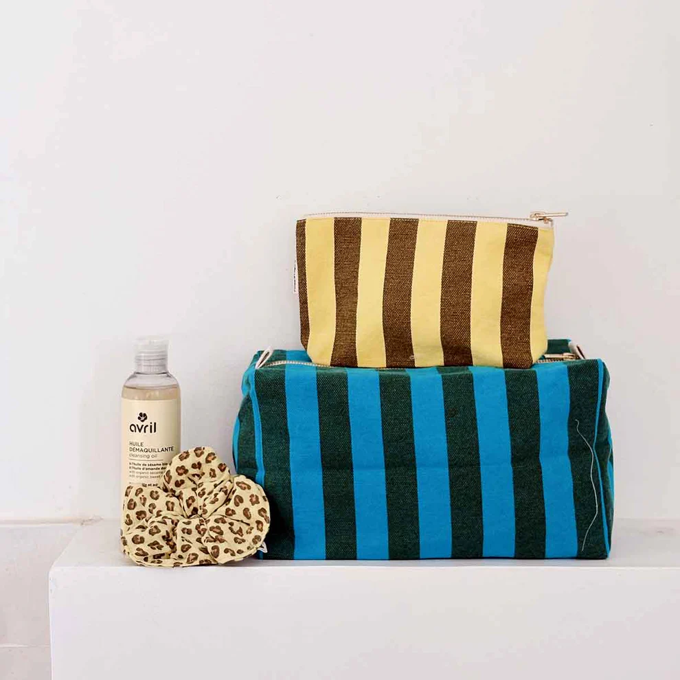 Trousse de toilette Vic - Rayures Turquoise / Olive