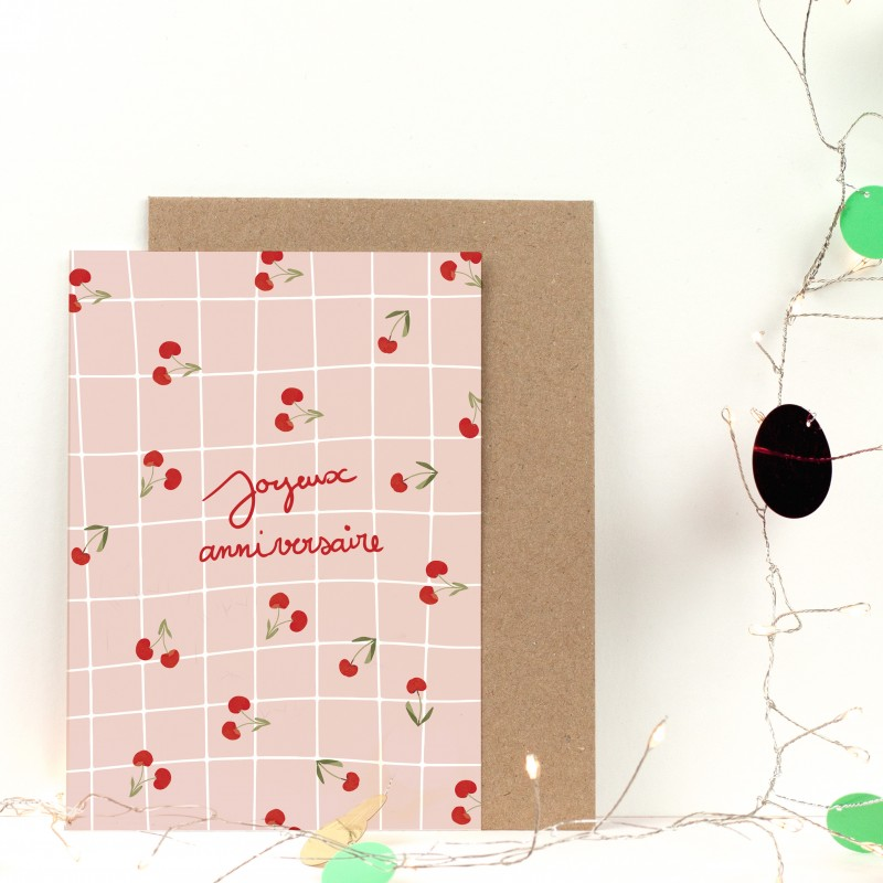 Carte double Joyeux anniversaire cerise