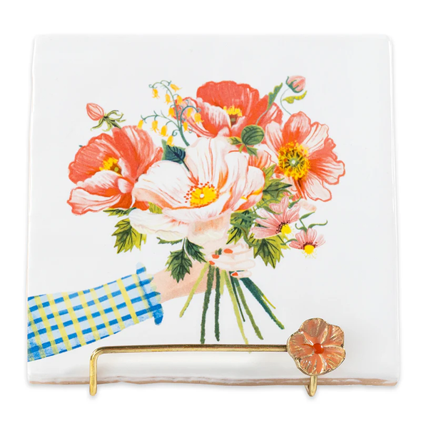 Support sur pied doré - Fleur rose