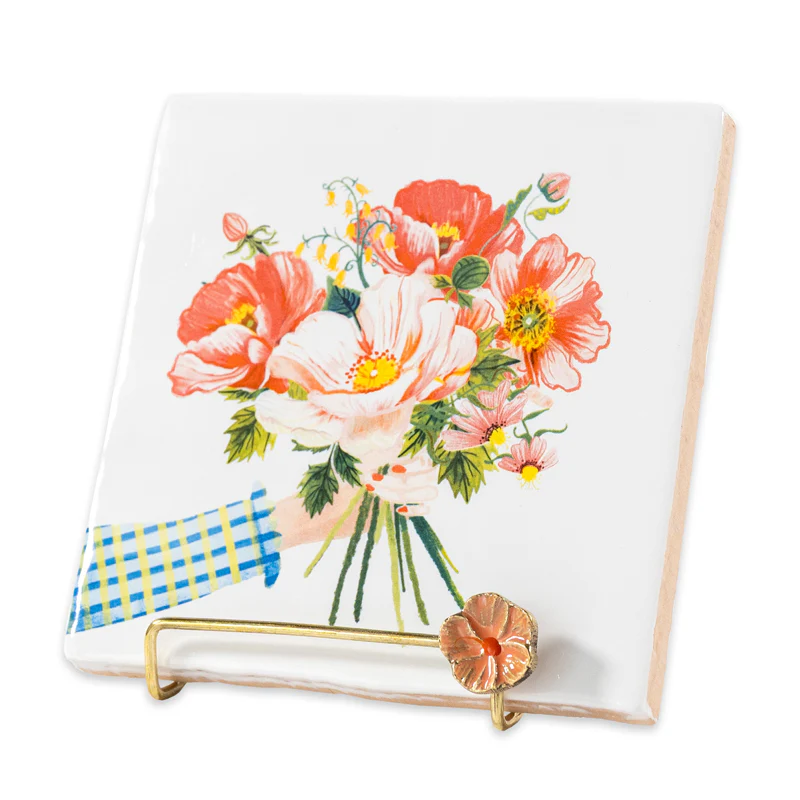 Support sur pied doré - Fleur rose