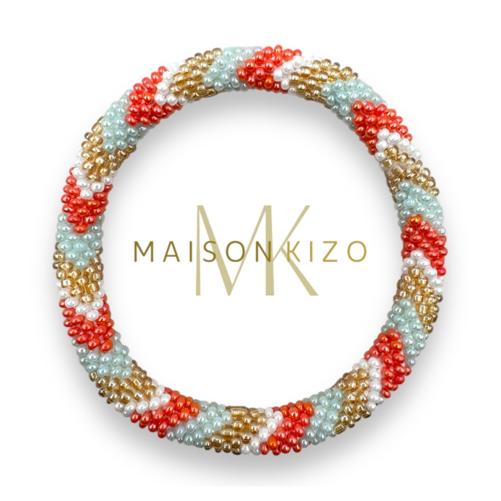 Bracelet népalais Corail, blanc, or, bleu