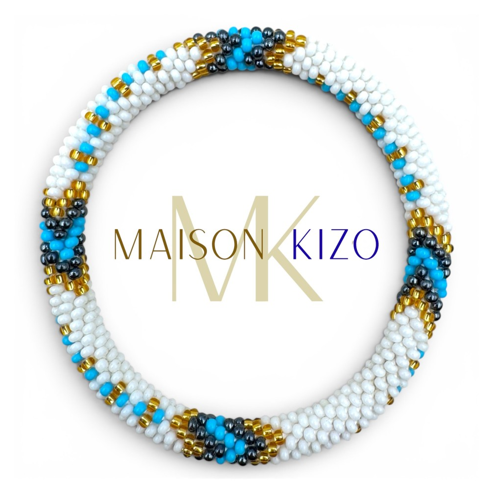 Bracelet népalais Blanc, bleu, gris, or