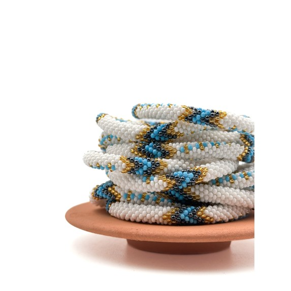 Bracelet népalais Blanc, bleu, gris, or