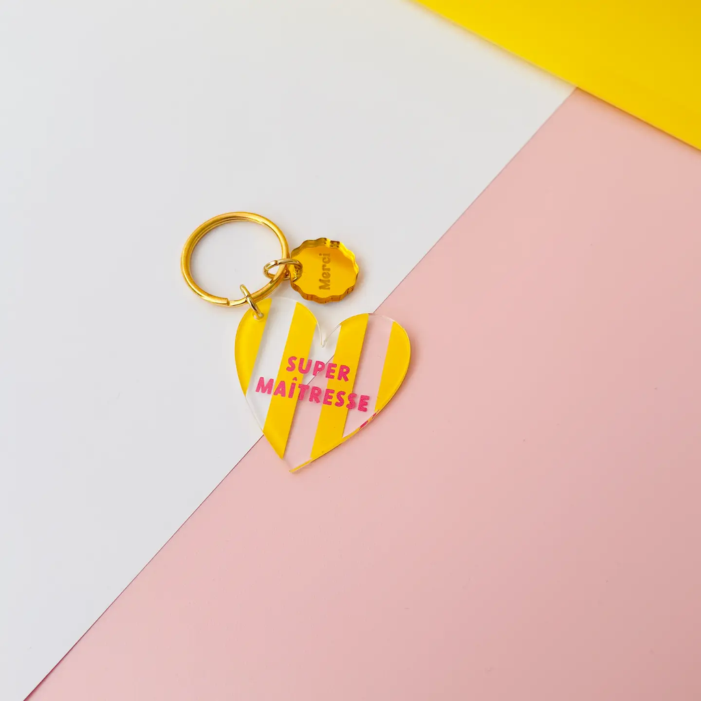 Porte-clés Coeur rayé jaune - Super Maîtresse